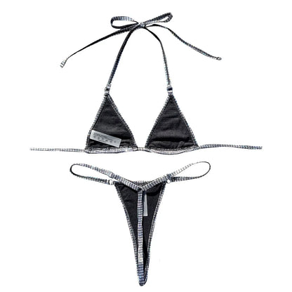 Bikini brasileño triangular plateado brillante con efecto push up para mujer, traje de baño sexy con tangas y cuello halter con cordones.