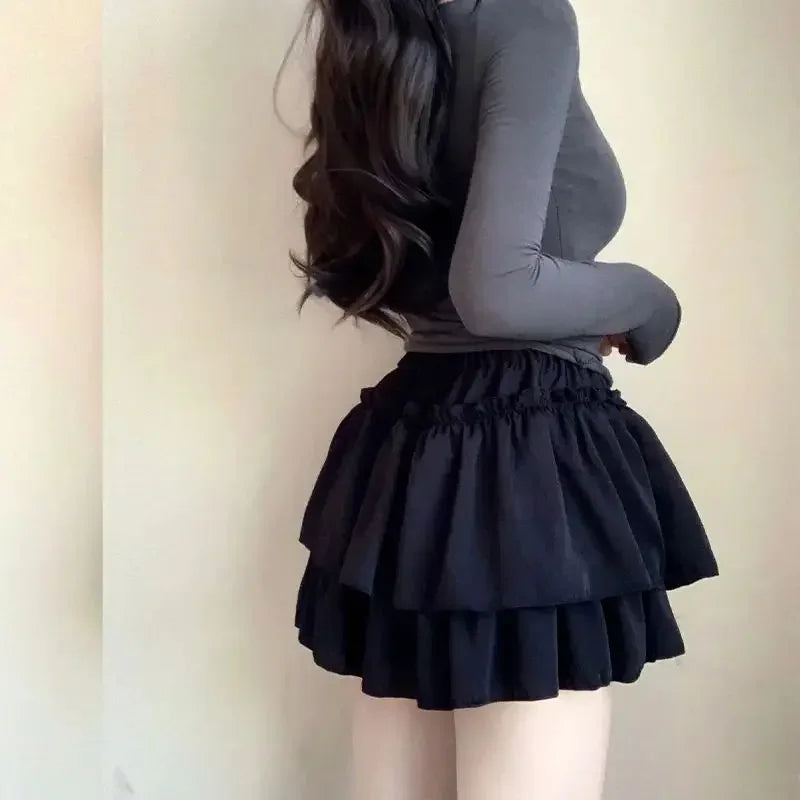 Falda blanca con volantes Kawaii de verano para mujer, minifaldas de gasa ajustadas a la moda Y2K, elásticas, de cintura alta y color negro