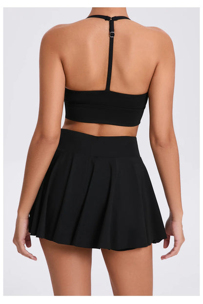 Conjunto de yoga para mujer, sujetador deportivo para exteriores, falda de tenis antiexposición, camiseta sin mangas de yoga transpirable de secado rápido, novedad de 2025