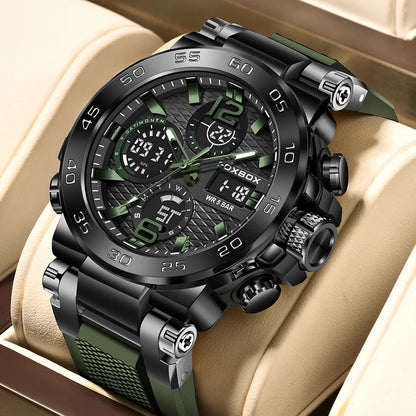 FOXBOX - Nuevo reloj deportivo para exteriores para hombre, reloj analógico digital de moda para negocios, reloj de pulsera de cuarzo con alarma resistente al agua y de silicona.