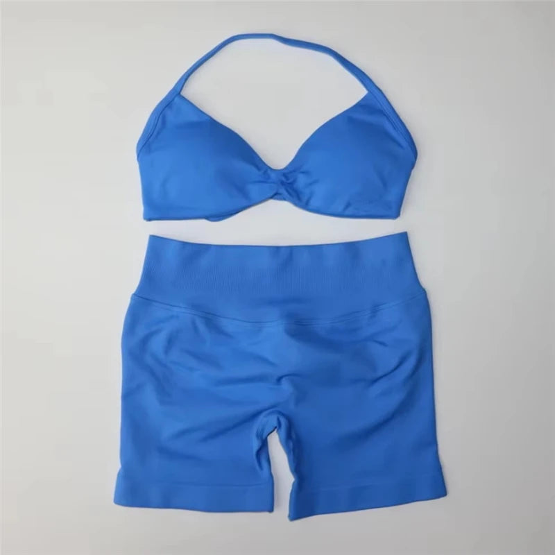 Women's Electric Blue Blossom High Stretch Top Sports Bra Shorts Set Comfortable Gym Workout Yoga Active Wear Impact Outfit