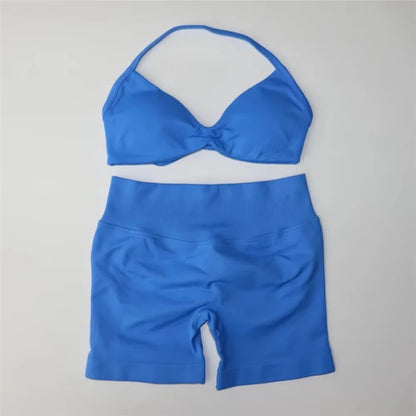 Women's Electric Blue Blossom High Stretch Top Sports Bra Shorts Set Comfortable Gym Workout Yoga Active Wear Impact Outfit