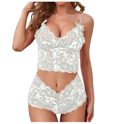 Conjunto de lencería sexy para mujer 2022, pantalones cortos de encaje negro, camiseta sin mangas de color liso, camisola, top de tubo, bragas, conjunto de lencería con estampado floral.