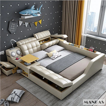 Moderna cama inteligente multifuncional con almacenamiento, altavoces, USB, estanterías y tatami: cama de lujo tamaño king/queen Ultimate