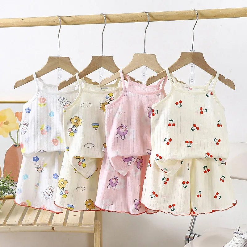 Conjuntos de ropa para bebé, conjuntos de tirantes de verano para niña pequeña, camisetas y pantalones cortos con estampado de algodón para bebé, conjuntos de chándal para recién nacido