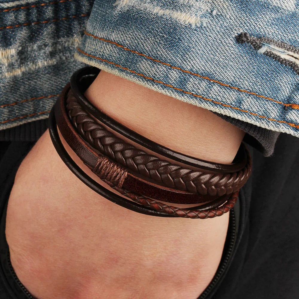 Pulseras de cuero de moda para hombre, pulseras de cuerda trenzada multicapa de acero inoxidable para hombre, pulseras de joyería para hombre.
