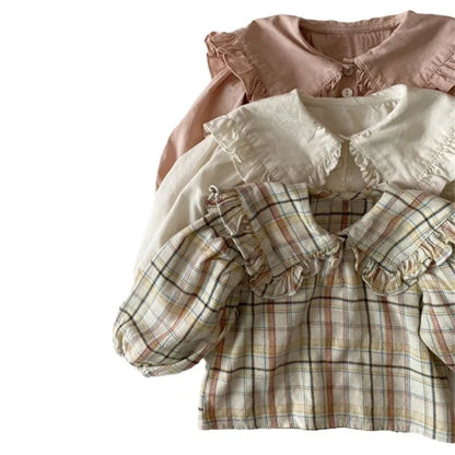 Ropa infantil, moda coreana de primavera 2025, nueva blusa para niñas, camisa informal con solapa de encaje