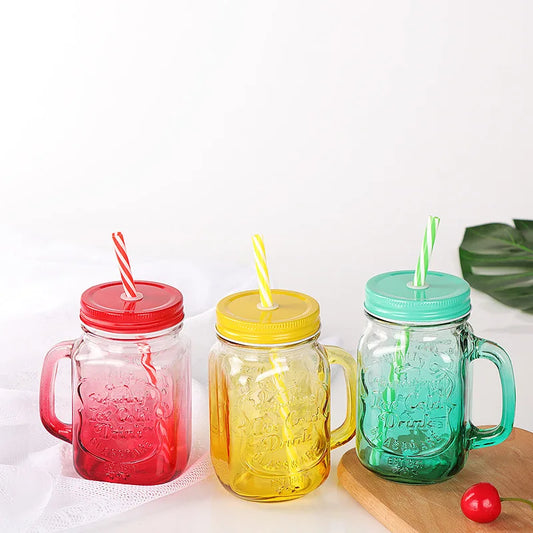 Jarra de vidrio de 480 ml, 500 ml y 16 oz con tapa de hierro y pajita de plástico, cuadrada, con degradado de color.