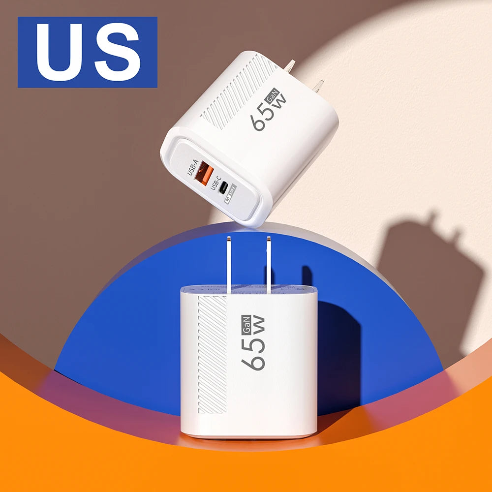 Cargador GaN USB-C de carga rápida de 65 W para teléfonos móviles, adaptador de enchufe UE/EE. UU. para iPhone, Samsung y Xiaomi, cargador de pared tipo C de carga rápida.