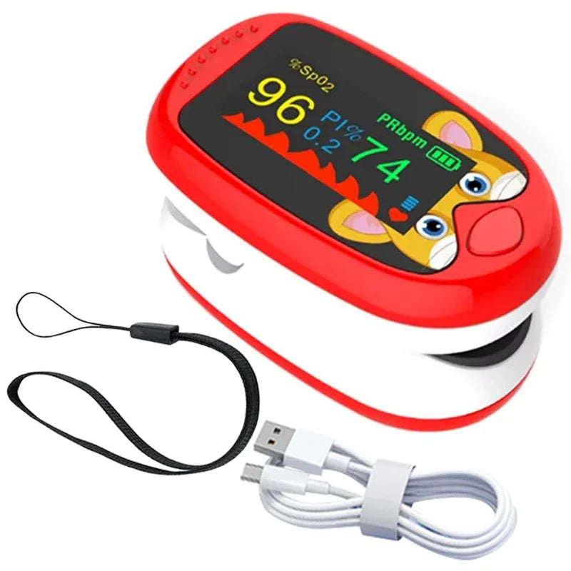 Oxímetro pediátrico USB, monitor de oxígeno en sangre de dedo para niños, oxímetro de pulso OLED, oxímetro digital para uso médico en el hogar.