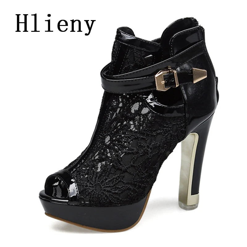 Hlieny Otoño Sexy Tela de Malla Plataforma Tacones Altos Botas Sandalias Mujer Peep Toe Club Nocturno Fiesta Stiletto Zapatos Femeninos