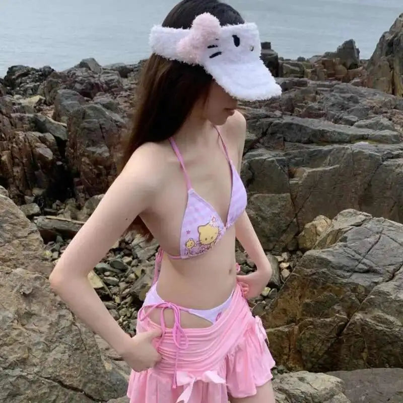 Conjunto de bikini Miniso Hello Kitty Kawaii con cordones, sujetador halter a rayas, ropa interior de dos piezas estilo Y2K, traje de baño Lolita rosa para niñas