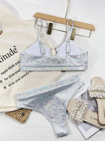 Bikini sexy de cintura alta con lentejuelas plateadas, traje de baño para mujer, conjunto de bikini, traje de baño nuevo, bikini femenino con push-up y aro de metal.