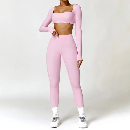 Conjunto de chándal de yoga para mujer, 2 piezas, ropa deportiva para entrenamiento, ropa deportiva, leggings de gimnasio, sujetador de fitness, top corto, trajes deportivos de manga larga