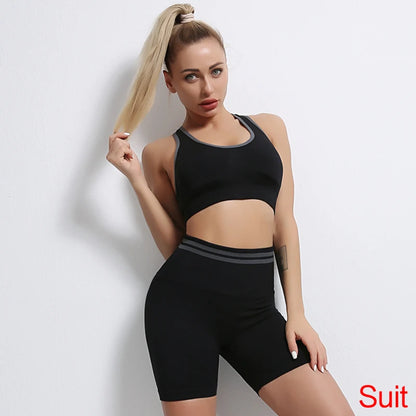 Conjuntos de ropa deportiva de media pieza sin costuras para mujer, conjuntos de gimnasio de manga larga, sujetador deportivo de yoga, leggings push up y mallas deportivas.