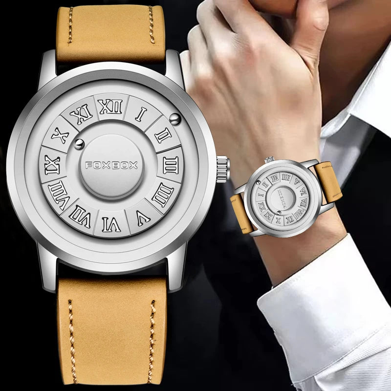 Relojes FOXBOX para hombre, marca de lujo, de cuero, resistente al agua, reloj de pulsera de cuarzo con puntero de desplazamiento y fuerza magnética.