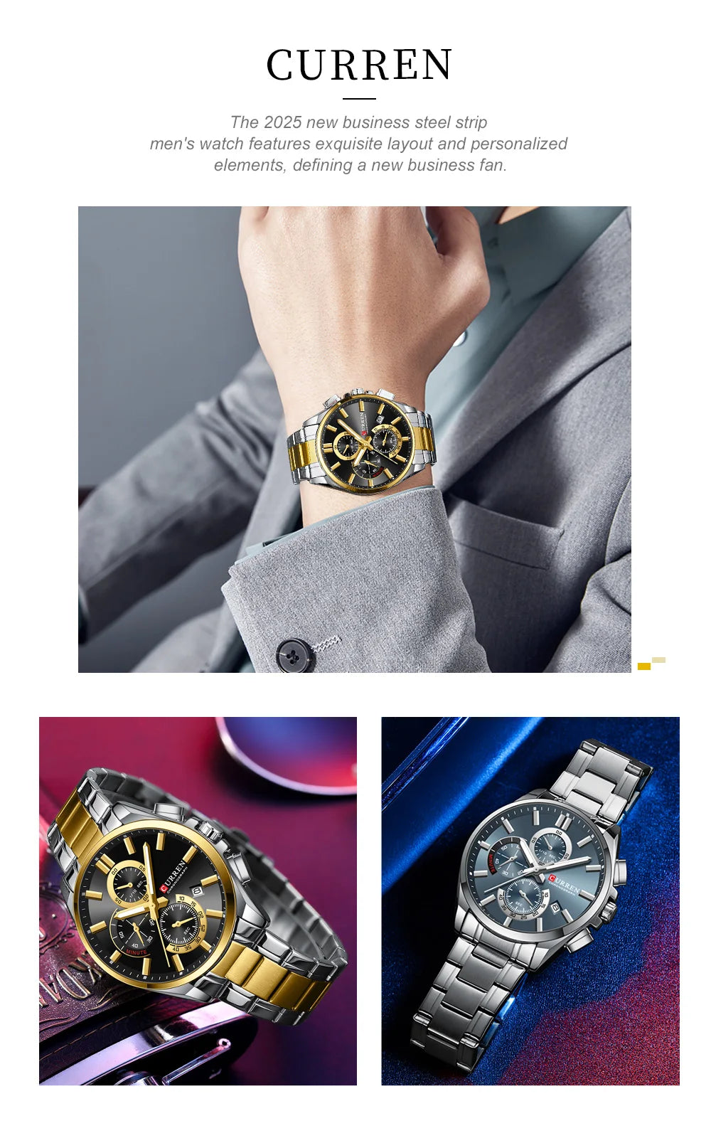 CURREN - Reloj cronógrafo de acero inoxidable para hombre con manecillas luminosas, tres subesferas, fecha automática, diseño moderno, de cuarzo