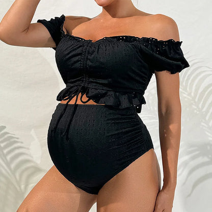 Conjunto de bikini de maternidad de cintura alta, traje de baño de dos piezas para mujeres embarazadas, traje de baño negro, traje de baño de playa de verano