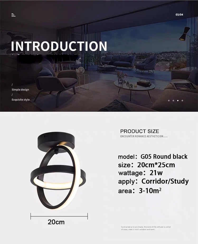 Lámpara de techo LED moderna de 2 anillos con diseño creativo. Ideal para interiores: pasillo, balcón, oficina.