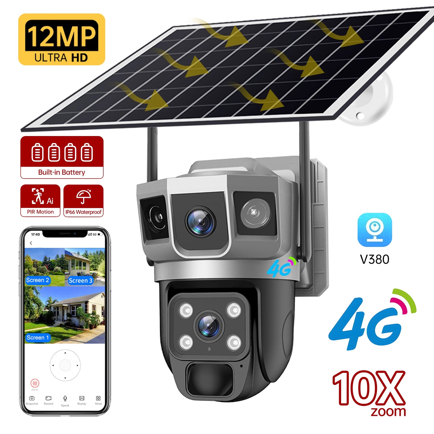 Cámara solar de 12 MP, tarjeta SIM 4G, doble lente, tres cámaras con pantalla, seguimiento humano PIR, batería de bajo consumo, protección de seguridad CCTV V380