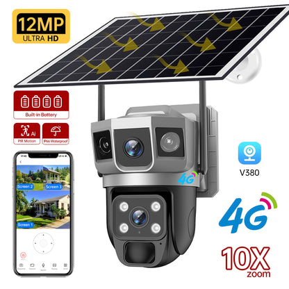 Cámara solar de 12 MP, tarjeta SIM 4G, doble lente, tres cámaras con pantalla, seguimiento humano PIR, batería de bajo consumo, protección de seguridad CCTV V380