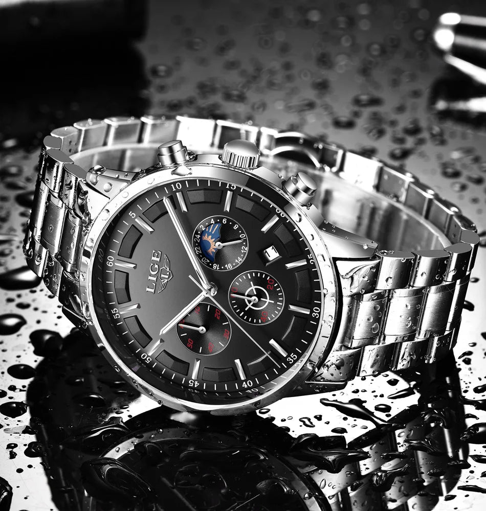 LIGE - Reloj de negocios para hombre, de cuarzo, de lujo, resistente al agua, 3 barras, cronógrafo luminoso, regalo + caja