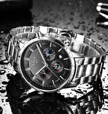 LIGE - Reloj de negocios para hombre, de cuarzo, de lujo, resistente al agua, 3 barras, cronógrafo luminoso, regalo + caja