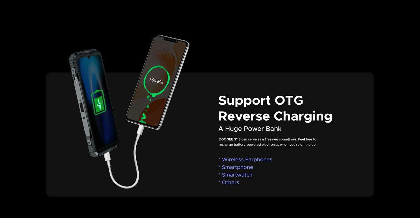 Smartphone robusto DOOGEE S118 de 8 GB y 512 GB, pantalla FHD+ de 6,58", Helio G99, cámara IA de 50 MP, 10800 mAh, Android 14, NFC, 4G.