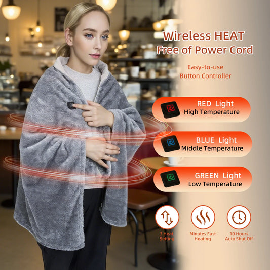 Manta térmica portátil USB de 5 V, con 5 niveles de calor, inalámbrica y con cremallera para mujer.