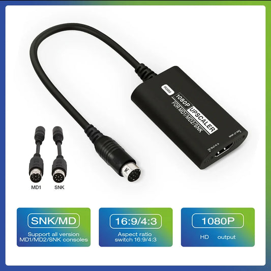 Adaptador de video para consola de juegos, convertidor RGBS compatible con HDMI, consola con interruptor de relación de aspecto, accesorios de juego para SEGA MD1 MD2 SNK