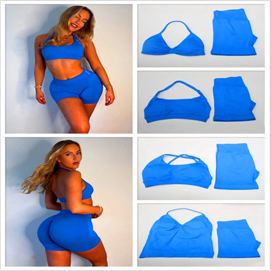 Women's Electric Blue Blossom High Stretch Top Sports Bra Shorts Set Comfortable Gym Workout Yoga Active Wear Impact Outfit