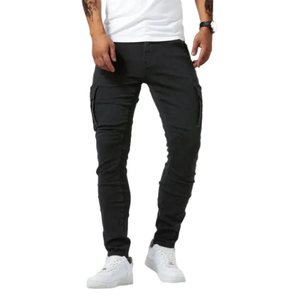 Pantalones vaqueros ajustados elásticos para hombre, pantalones vaqueros lisos de corte ajustado, pantalones cargo con múltiples bolsillos, pantalones casuales de moda para hombre