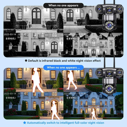 Cámara de seguridad para el hogar 10K 20MP para exteriores con WiFi, 4 lentes, 4 pantallas, zoom 360° 16X, CCTV, vigilancia inalámbrica, PTZ, protección de seguridad