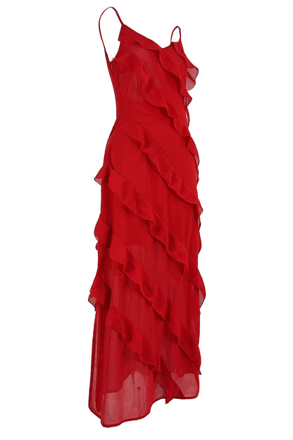 Vestido largo de gasa con volantes para mujer, estilo maxi, con espalda descubierta y abertura, ideal para fiestas de graduación, bodas y eventos de verano. Vestido largo y elegante.