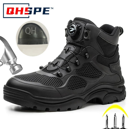 Botas de trabajo con hebilla giratoria, zapatos de seguridad con punta de acero, zapatos de seguridad transpirables para hombre, zapatos indestructibles de marca, zapatos de trabajo a prueba de pinchazos.