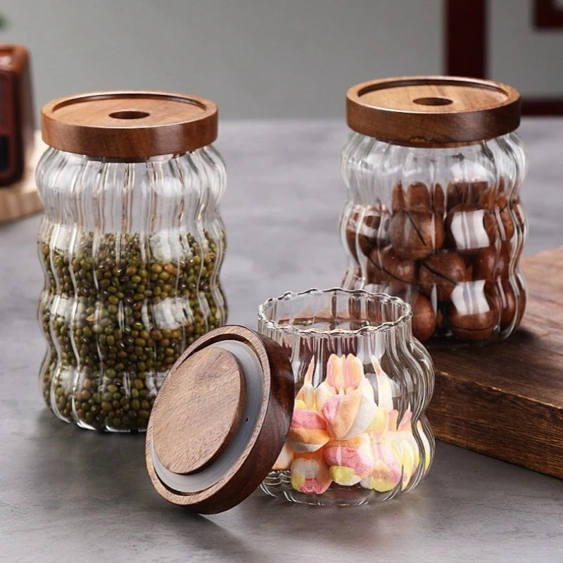 Recipiente hermético de vidrio rayado con tapa de madera para almacenamiento en la cocina, botellas, frascos, recipientes para alimentos, granos de café, cereales y dulces.