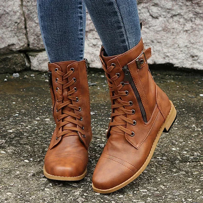 Botines de tacón cuadrado para mujer, botas de trabajo cortas de piel sintética para otoño e invierno, botas elásticas con cordones de talla grande para mujer 2024