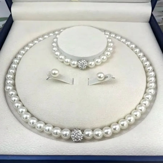 Juego de 3 piezas de collar, pulsera y pendientes con forma de bola de fuego de perlas de imitación, conjunto de joyas con piedras de cristal de color plateado, elegante joyería nupcial.
