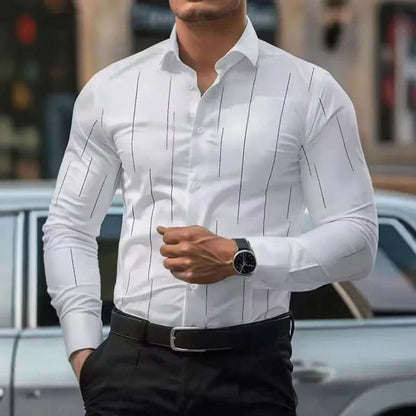 Camisa de manga larga de negocios para hombre, de alta calidad, cómoda, con botones, estilo elegante y a rayas.