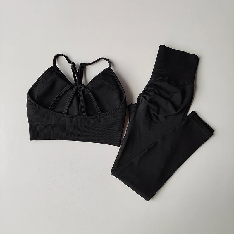 Traje de yoga sin costuras para levantamiento de cadera, sujetador deportivo para mujer, traje de yoga de secado rápido, leggings ajustados con alto contenido de grasa para gimnasio.