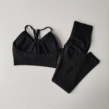 Traje de yoga sin costuras para levantamiento de cadera, sujetador deportivo para mujer, traje de yoga de secado rápido, leggings ajustados con alto contenido de grasa para gimnasio.