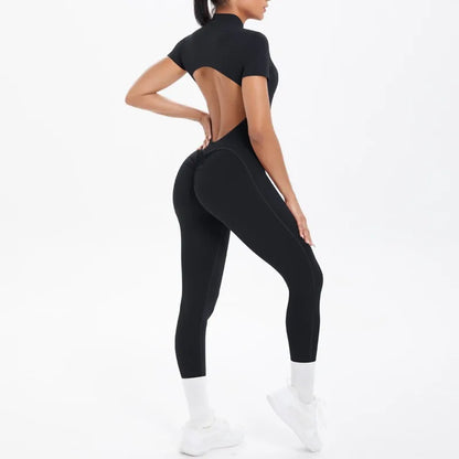 Mono deportivo de yoga sexy con cremallera frontal, espalda descubierta, manga corta, pantalones cortos, ropa deportiva para fitness, correr, gimnasio, yoga y actividades deportivas para mujer.