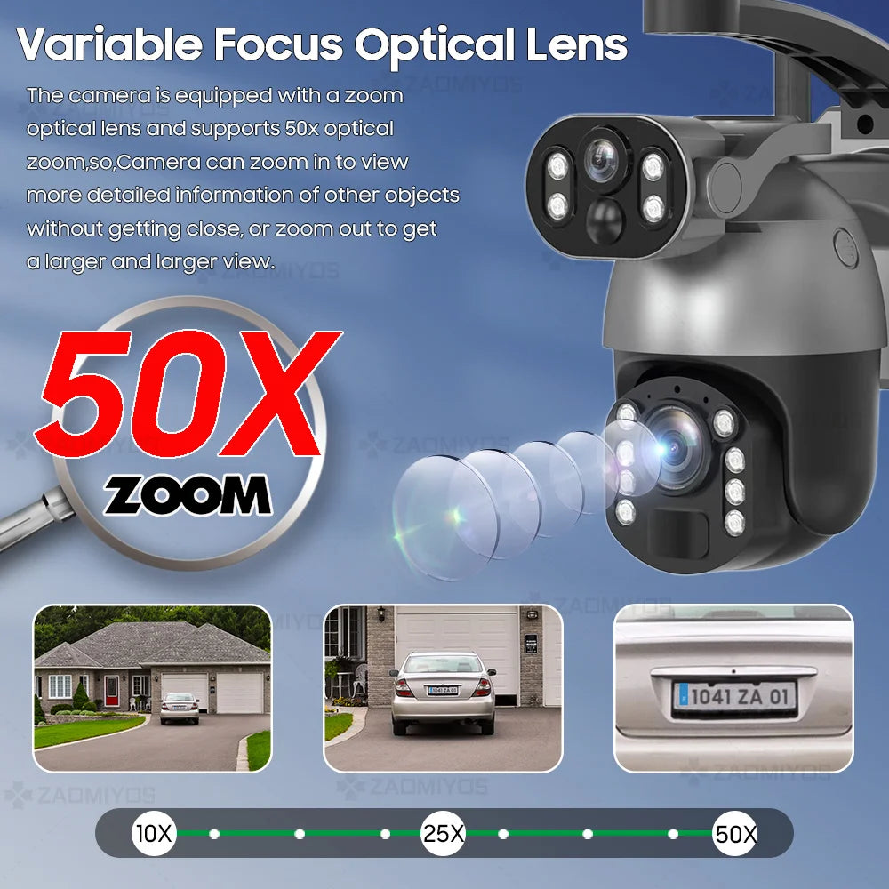 Cámara de seguridad exterior con zoom óptico de 10 MP y 50x, doble lente, SIM 4G, energía solar, Wi-Fi, PTZ, detección humana, grabación y visión nocturna. 10 MP, zoom óptico de 50x, doble lente, 4G, SIM, solar.