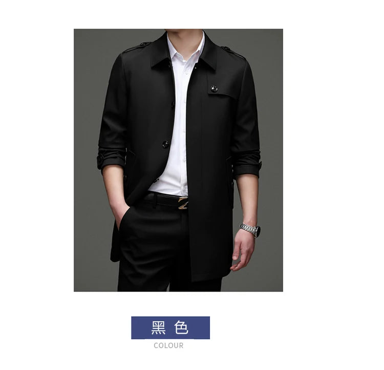 Abrigo tipo gabardina Maxbarley para hombre, estilo coreano, ligero, de lujo, de un solo botón, chaqueta larga cortavientos, colección primavera-otoño 2025, marca, con solapa.