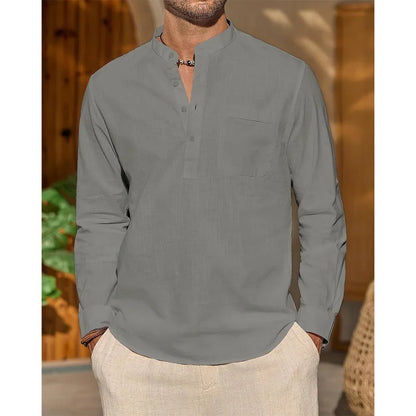 Camisa de manga larga para hombre, de algodón y lino, color liso, cuello Henley, estilo casual y moderno, ideal para el verano. Perfecta para el día a día.