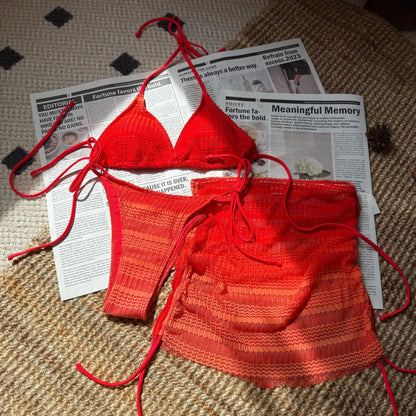 VigoBreviya - Conjunto de bikini de 3 piezas con falda y degradado para mujer, traje de baño sexy con cuello halter, push up, tanga de corte alto atada, 2024