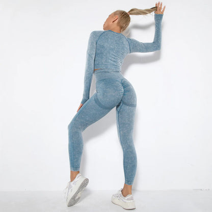 Conjunto de gimnasio con top corto sin costuras para mujer, conjunto de entrenamiento de yoga, ropa deportiva, leggings push up, chándal