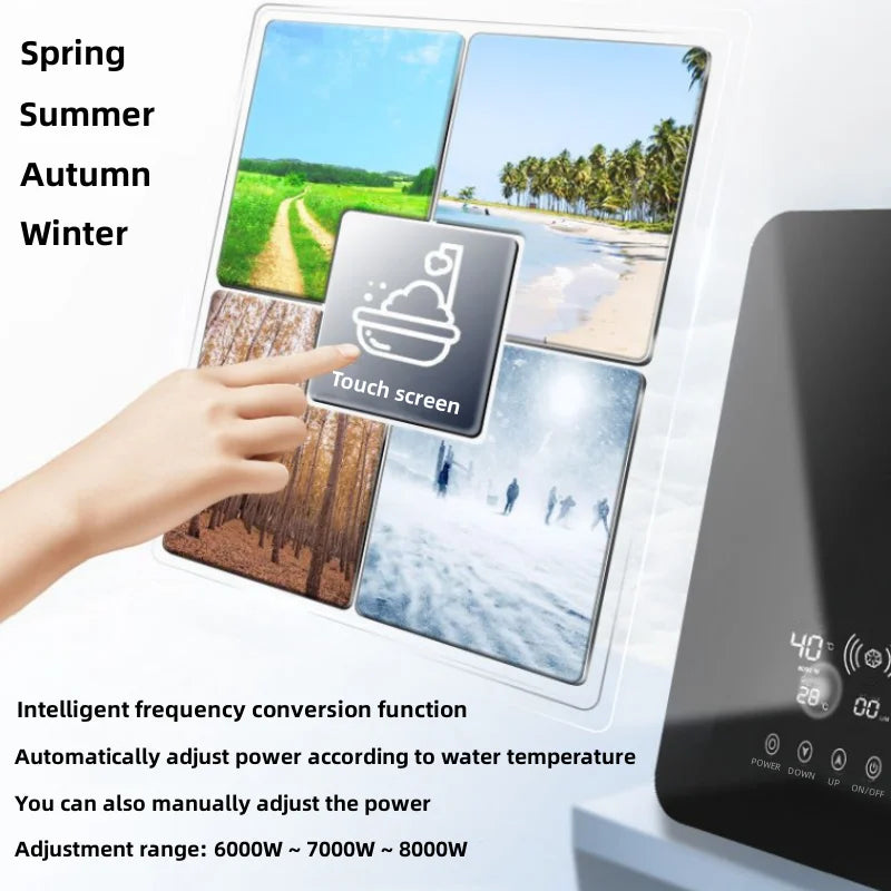 Calentador de agua eléctrico pequeño HYUNDAI con calentamiento rápido e instantáneo, temperatura constante inteligente y pantalla en inglés para ducha o baño.