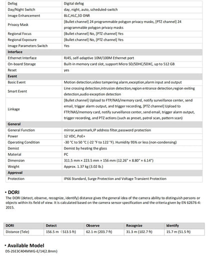Cámara de red PTZ DarkFighter Hikvision DS-2SE3C404MWG-E/14 TandemVu original de 4MP+4MP con zoom óptico 4x y zoom digital 16x, infrarrojos y PoE.