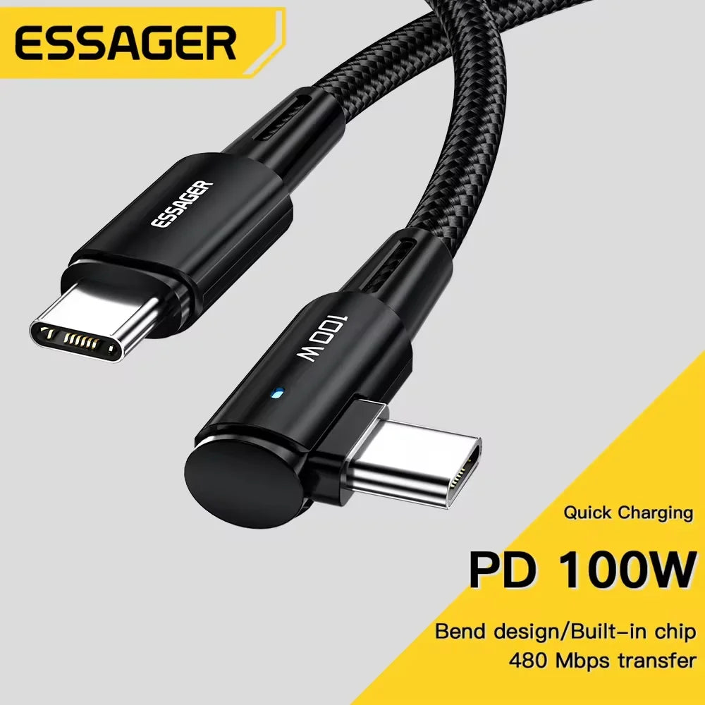 Cable USB tipo C a USB tipo C Essager de 100 W con ángulo de 90 grados para iPad, MacBook Pro, Xiaomi, Samsung y Huawei, carga rápida tipo C.